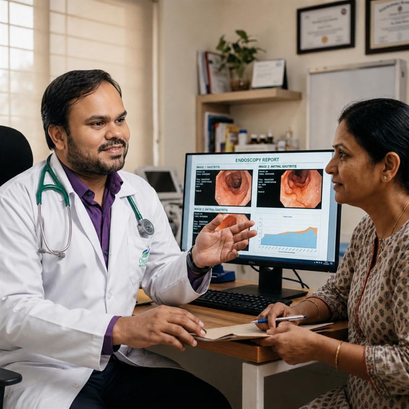 Dr. Akhilesh Yadav - Gastroenterology Consultation Ranchi Dr. Akhilesh Yadav consulting a patient in a warm and bright clinic room